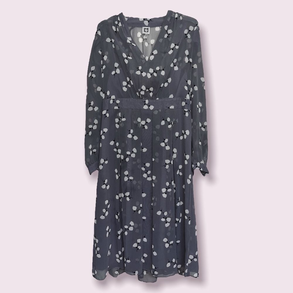 Anne Klein Floral Midi Dress Dark Grey Long Sleeve V Neck Chiffon Womens Size 10